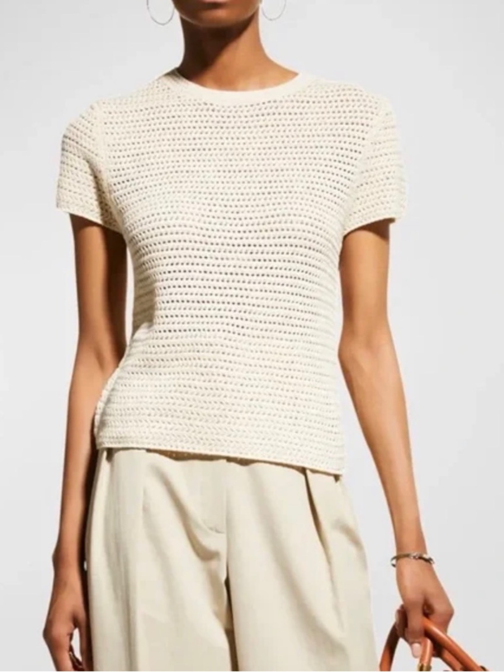 Vince Cream Crochet Knit Crewneck Short Sleeve Sweater Top